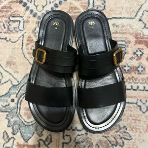 Zara Black Sandals with Gold Buckle 39